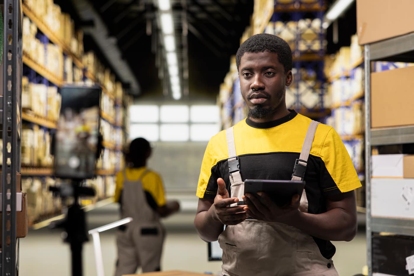 Warehouse worker checking inventory on a tablet